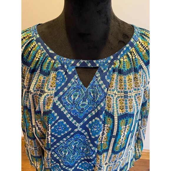 FIGUEROA & Flower Blouse Sz Large Boho Peasant Elastic Waist Blue Green Top - Picture 2 of 12